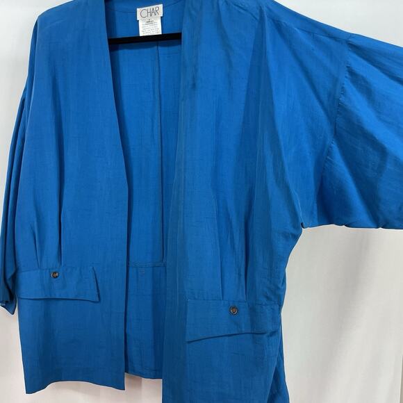 CHAR 100% SILK Jacket Size 8 / Large Vintage Open Front Cobalt Blue Should Pads - Picture 3 of 10